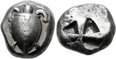 GRIECHISCHE MÜNZEN AIGINA. Aigina. Stater (12,24 g), ca. 525-480 v. Chr. Av.: Wasserschildkröte. Rv.: Quadratum Incusum. Meadows, Gruppe IIa-IIb, HGC 6, 430. Intensive dunkle Tönung. s.sch. (D).