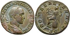 RÖMISCHE KAISERZEIT Gordianus II. Africanus (238) Sestertius (18,59 g), Roma, Jänner 238 n. Chr. Av.: IMP CAES M ANT GORDIANVS AFR AVG, Büste mit Lorbeerkranz, Drapierung und Kürass n.r. Rv.: ROMAE AE