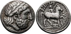 KELTISCHE MÜNZEN OSTKELTEN. Imitationen griechischer Münzen. Tetradrachme (13,68 g), Philippos II.-Imitation, Typus "Unvollständige Legende und Verwilderung". Stilisierter Kopf des Zeus mit Lorbeerkra