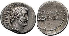 RÖMISCHE REPUBLIK IMPERATORISCHE ZEIT. M. Antonius. Denarius (3,44 g), Heeresmünzstätte bei Athen, Sommer 32 v. Chr. Kopf des Antonius / Legende (ANTONIVS / AVG IMP III) in zwei Zeilen. Crawford 542/2