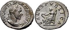 RÖMISCHE KAISERZEIT Macrinus (217-218). Denarius (3,07 g), Roma, 1. Emission, Anfang/Mitte Mai-Ende Juli 217 n. Chr. Büste mit Lorbeerkranz und Kürass / Salus mit Patera und Szepter auf Thron, davor A