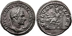 RÖMISCHE KAISERZEIT Macrinus (217-218). Denarius (2,86 g), Roma, 1. Emission, Anfang/Mitte Mai-Ende Juli 217 n. Chr. Büste mit Lorbeerkranz und Kürass / Salus mit Patera und Szepter auf Thron, davor A