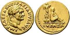 RÖMISCHE KAISERZEIT Vespasianus (69-79) Aureus (7,44 g), Roma, Dezember 69-Anfang 70 n. Chr. Av.: IMP CAESAR VESPASIANVS AVG, Kopf mit Lorbeerkranz n.r. Rv.: IVDAEA (im Abschnitt), Iudaea im Trauerges