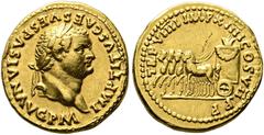 RÖMISCHE KAISERZEIT Titus (79-81) Aureus (7,35 g), Roma, Juli-Ende 79 n. Chr. Av.: IMP TITVS CAES VESPASIAN AVG P M, Kopf mit Lorbeerkranz n.r. Rv.: TR P VIIII IMP XIIII COS VII P P, Quadriga mit Ähre