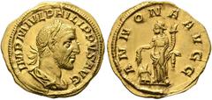 RÖMISCHE KAISERZEIT Philippus I. Arabs (244-249) Aureus (4,00 g), Roma, 5. Emission, 246 n. Chr. Büste mit Lorbeerkranz, Drapierung und Kürass / Annona mit Ähren und Cornucopiae, zu Füßen Modius. RIC 