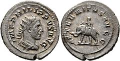 RÖMISCHE KAISERZEIT Philippus I. Arabs (244-249). AR-Antoninianus (4,38 g), Roma, 248 n. Chr. Av.: IMP PHILIPPVS AVG, Büste mit Strahlenkrone, Drapierung und Kürass n.r. Rv.: AETERNITAS AVGG, Elephant