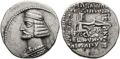 Ancient Coins PARTHIA - Königreich der Arsakiden Mithridates IV. (140) Drachme (3,80 g), Mithradatkart. Büste des Königs mit Diadem und Drapierung / Arsakes mit Bogen auf Thron, im r. Feld Monogramm. 