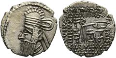 Ancient Coins PARTHIA - Königreich der Arsakiden Vologases IV. (147-191) Drachme (3,60 g), Ekbatana. Büste des Königs mit Tiara und Diadem / Arsakes mit Bogen auf Thron, im r. Feld Monogramm. Sellwood