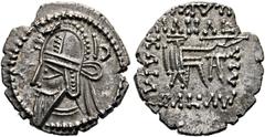 Ancient Coins PARTHIA - Königreich der Arsakiden Vologases VI. (208-228) Drachme (3,69 g), Ekbatana. Büste des Königs mit Tiara und Diadem / Arsakes mit Bogen auf Thron, im r. Feld Monogramm. Sellwood
