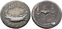Ancient Coins IMPERATORISCHE ZEIT M. Antonius Denarius (3,25 g), Heeresmünzstätte in Griechenland (Patrae?), Herbst 32-Frühjahr 31 v. Chr. Galeere / LEG - IX, Aquila zwischen zwei Standarten. Crawford