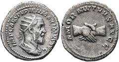 Ancient Coins RÖMISCHE KAISERZEIT Pupienus (238) AR-Antoninianus (4,11 g), Roma, Jänner/Februar-Mai 238 n. Chr. Büste mit Strahlenkrone, Drapierung und Kürass / Handschlag. RIC IV 9b, RSC III 2. Etwas