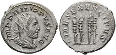 Ancient Coins RÖMISCHE KAISERZEIT Philippus I. Arabs (244-249) AR-Antoninianus (4,42 g), Roma, 247-249 n. Chr. Büste mit Strahlenkrone, Drapierung und Kürass / Aquila zwischen drei Standarten. RIC IV 