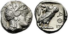 GRIECHISCHE MÜNZEN ATTIKA Athen (D) Tetradrachme (17,15g), ca. 449-404 v.Chr. Av.: Kopf der Athena mit attischem Helm und Lorbeerkranz n.r. Rv.: Eule n.r., Kopf v.v., dahinter Olivenzweig und Mondsich