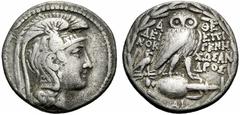 GRIECHISCHE MÜNZEN ATTIKA Athen (D) Tetradrachme (16,50g), Magistrate Epigenes, Sosandros und Deinok(...), ca. 158-157 (Thompson) oder 126-125 (Lewis/Boehringer). Av.: Kopf der Athena mit attischem He