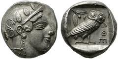 GRIECHISCHE MÜNZEN ATTIKA Athen (D) Tetradrachme (17,02g), ca. 479-454 v.Chr. Av.: Kopf der Athena mit attischem Helm und Lorbeerkranz n.r. Rv.: Eule n.r., Kopf v.v., dahinter Olivenzweig und Mondsich