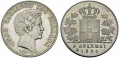 EUROPA UND ÜBERSEE GRIECHENLAND (D) Otto I. 1833-1916 5 Drachmen 1844 Athen Dav:115, KM:20, Divo:10d RR stplfr.