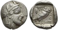 GRIECHISCHE MÜNZEN ATTIKA Athen (D) Tetradrachme (16,93g), ca. 449-404 v.Chr. Av.: Kopf der Athena mit attischem Helm und Lorbeerkranz n.r. Rv.: Eule n.r., Kopf v.v., dahinter Olivenzweig und Mondsich