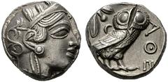 GRIECHISCHE MÜNZEN ATTIKA Athen (D) Tetradrachme (17,18g), ca. 449-404 v.Chr. Av.: Kopf der Athena mit attischem Helm und Lorbeerkranz n.r. Rv.: Eule n.r., Kopf v.v., dahinter Olivenzweig und Mondsich