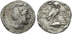 GRIECHISCHE MÜNZEN ATTIKA Athen (D) Tetradrachme (16,46g), Magistrate Ammo(...), Dio(...) und Me(...), 180-179 v.Chr. (Thompson) oder 148-147 v.Chr. (Lewis/Boehringer). Athenakopf / Eule auf Amphora, 