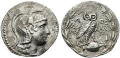 GRIECHISCHE MÜNZEN ATTIKA Athen (D) Tetradrachme (16,39g), Magistrate Deme(...), Hiero(...) und Ey(...), 174-173 v.Chr. (Thompson) oder 142-141 v.Chr. (Lewis/Boehringer). Athenakopf / Eule auf Amphora