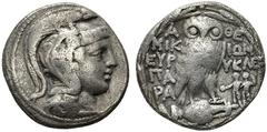 GRIECHISCHE MÜNZEN ATTIKA Athen (D) Tetradrachme (14,53g), Magistrate Mikion, Eurykle(...) und Para(...), 156-155 v.Chr. (Thompson) oder 124-123 v.Chr. (Lewis/Boehringer). Athenakopf / Eule auf Amphor