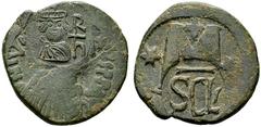 BYZANTINISCHE MÜNZEN Heraclius (610-641) (D) Follis (15,21g), Münzstätte auf Sizilien, 616-629 n.Chr., überprägt auf älterem Follis. Büste und Monogramm / SCLs. Sear 882, MIB Km 4, Sommer 11.113. s.sc