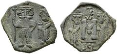 BYZANTINISCHE MÜNZEN Constans II. (641-668) (D) Follis (3,58g), Syrakus, 662-668 n.Chr., überprägt auf älterem Follis. Zwei Kaiser / Wertzeichen zwischen zwei Kaisern. Sear 1110, MIB 210, Sommer 12.92