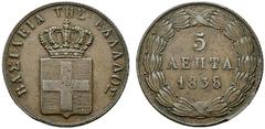 EUROPA UND ÜBERSEE GRIECHENLAND Otto I. 1833-1862 (D) 5 Lepta 1838 Athen Divo:21e s.sch.