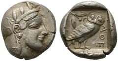GRIECHISCHE MÜNZEN ATTIKA Athen (D) Tetradrachme (16,92g), ca. 449-404 v. Chr. Av.: Kopf der Athena mit attischem Helm und Lorbeerkranz n.r. Rv.: AΘE, Eule n.r., Kopf v.v., dahinter Olivenzweig und Mo