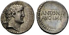 RÖMISCHE REPUBLIK IMPERATOREN M. Antonius (D) Denarius (3,84g), Heeresmünzstätte bei Athen, Sommer 32 v. Chr. Av.: ANTON AVG IMP III COS DES III IIIV R P C, Kopf des Antonius n.r. Rv.: ANTONIVS / AVG 