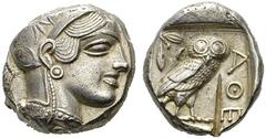 GRIECHISCHE MÜNZEN ATTIKA Athen (D) Tetradrachme (16,61g), ca. 449-404 v. Chr. Av.: Kopf der Athena mit attischem Helm und Lorbeerkranz n.r. Rv.: AΘE, Eule n.r., Kopf v.v., dahinter Olivenzweig und Mo
