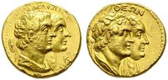 GRIECHISCHE MÜNZEN AEGYPTUS Königreich der Lagiden Ptolemaios II. Philadelphos (285-246) (D) 1/2 Mnaion/Gold-Tetradrachme (13,93g), Alexandria, Jahr 20 = 261 v. Chr. Av.: AΔEΛΦΩN, die Büsten des Ptole