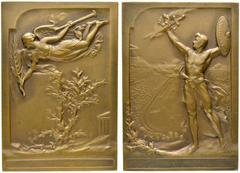 HISTORISCHE MEDAILLEN SCHÜTZENMEDAILLEN GRIECHENLAND Athen (D) AE-Plakette o.J., von Paul Vannier in Stil des Art Noveaux. Auf die Olympischen Zwischenspiele 1906. Dm:49x71mm. vzgl.