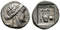 GRIECHISCHE MÜNZEN LYCIA Olympos (D) Drachme (3,27g), Pseudo-Ausgabe der Lykischen Liga, Periode II, Serie 2, ca. 88-84 v. Chr. Kopf des Apollon mit Lorbeerkranz / Lyra, in den unteren Feldern Fackel 