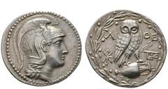GRIECHISCHE MÜNZEN ATTICA Athen (D) Tetradrachme (16,86g), 172-171 v. Chr. (Thompson) oder 140-139 v. Chr. (Boehringer/Lewis). Kopf der Athena mit attischem Helm / Eule auf Amphora, im l. Feld Monogra