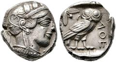 GRIECHISCHE MÜNZEN ATTIKA Athen (D) Tetradrachme (17,16g), ca. 449-404 v. Chr. Kopf der Athena mit attischem Helm und Lorbeerkranz / Eule, dahinter Olivenzweig und Mondsichel. SNG Cop 31-40, SNG Münch