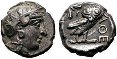 GRIECHISCHE MÜNZEN ATTIKA Athen (D) Tetradrachme (16,84g), ca. 390-295 v. Chr. Kopf der Athena mit attischem Helm und Lorbeerkranz / Eule, dahinter Olivenzweig und Mondsichel. SNG Cop 63-65, SNG Münch