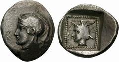 Bosporus - Kilikien LYKIEN - Unbekannte Dynasten Häpruma 425-400 Dynast von Patara?. Hemistater (4,00 g). Av.: behelmter Kopf der Athena links. Rv.: im Quadratum incusum im Punktquadrat Kopf des Herme
