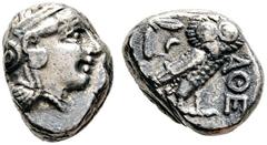 GRIECHISCHE MÜNZEN ATTIKA Athen (D) Tetradrachme (17,04g), ca. 390-295 v. Chr. Kopf der Athena mit attischem Helm und Lorbeerkranz / Eule, dahinter Olivenzweig und Mondsichel. SNG Cop 63-65, SNG Münch