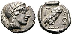 GRIECHISCHE MÜNZEN ATTICA Athen (D) Tetradrachme (17,11g), ca. 449-404 v. Chr. Av.: Kopf der Athena mit attischem Helm und Lorbeerkranz n.r. Rv.: AΘE, Eule n.r., Kopf v.v., dahinter Olivenzweig und Mo