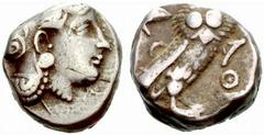 Griechenland ATTIKA - Athen Athen Tetradrachme, 3.Jhdt. v.Chr. Imitation. Av.: behelmter Athenakopf rechts. Rv.: Eule steht rechts. SNG.Cop:64ff. f.s.sch. Estimate: EUR 50