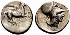 Griechenland KORINTHIA - Korinthos Korinthos Stater (8,56 g), 4 Jhdt. Av.: Pegasus fliegt rechts. Rv.: behelmter Kopf rechts, links S, rechts Delphin. Ravel:913ff. s.sch. Estimate: EUR 150