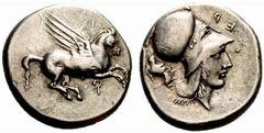Griechenland KORINTHIA - Korinthos Korinthos Stater (8,53 g). Av.: Pegasos fliegt rechts. Rv.: behelmter Kopf rechts, links Nike, rechts ER. Ravel:940. s.sch. Estimate: EUR 150