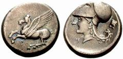 Griechenland KORINTHIA - Korinthos Korinthos Stater (8,51 g). Av.: Pegasos fliegt links. Rv.: behelmter Kopf links, links A, rechts Astragal. Ravel:1039: z.T. leicht korrodiert s.sch. Estimate: EUR 15