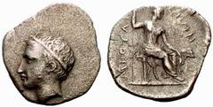 Thrakine, Griechenland THESSALIEN - Methylion Methylion Diobol (1,31 g), 4.Jhdt. Av.: diademierter Kopf links. Rv.: Hera sitzt rechts, hält Szepter, hinter ihr Kuh, rechts darum METHYLE-ION. Unpublizi