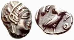 Thrakine, Griechenland ATTIKA - Athen Athen Hemiobol (0,35 g), 479/393. Av.: behelmter Athenakopf rechts. Rv.: Eule steht rechts, links Blatt. SNG.Cop:59ff. vzgl./s.sch. Estimate: EUR 60