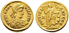Ancient Coins RÖMISCHE KAISERZEIT Honorius (393-423) Solidus (4,44g), Ravenna, 408-423 n. Chr. Av.: D N HONORI-VS P F AVG, Büste mit Perlendiadem, Drapierung und Kürass n.r. Rv.: VICTORI-A AVGGG / R -