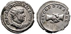 RÖMISCHE KAISERZEIT Balbinus (238). (D) AR-Antoninianus (4,82g), Roma, Januar/Februar-Mai 238 n. Chr. Av.: IMP CAES D CAEL BALBINVS AVG, Büste mit Strahlenkrone, Drapierung und Kürass n.r. Rv.: CONCOR