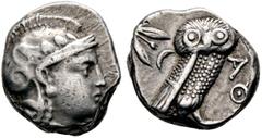 GRIECHISCHE MÜNZEN ATTIKA. Athen. Tetradrachme (17,11g), Athen (oder zeitgenössische, östliche Imitation), ca. 390-295 v. Chr. Kopf der Athena mit attischem Helm und Lorbeerkranz / Eule, dahinter Oliv