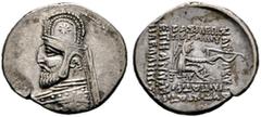 GRIECHISCHE MÜNZEN PARTHIA. Königreich der Arsakiden. Orodes I. (90-77). Drachme (3,91g), Rhagae. Büste des Königs mit Tiara, Diadem und Drapierung, auf der Tiara Stern / Arsakes mit Bogen auf Thron. 